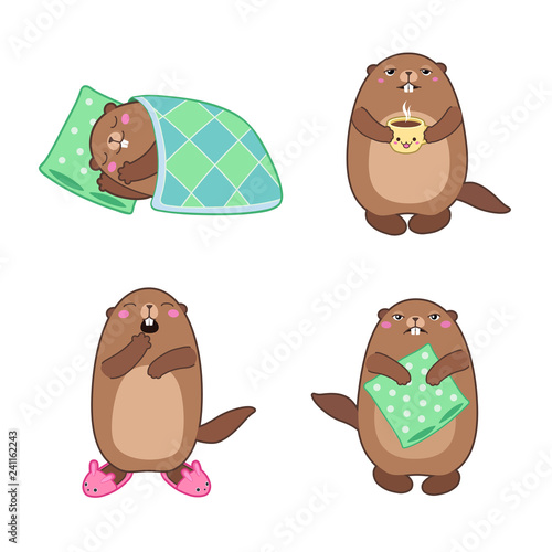 Set of groundhog sleeping and waking up. Cartoon outlines