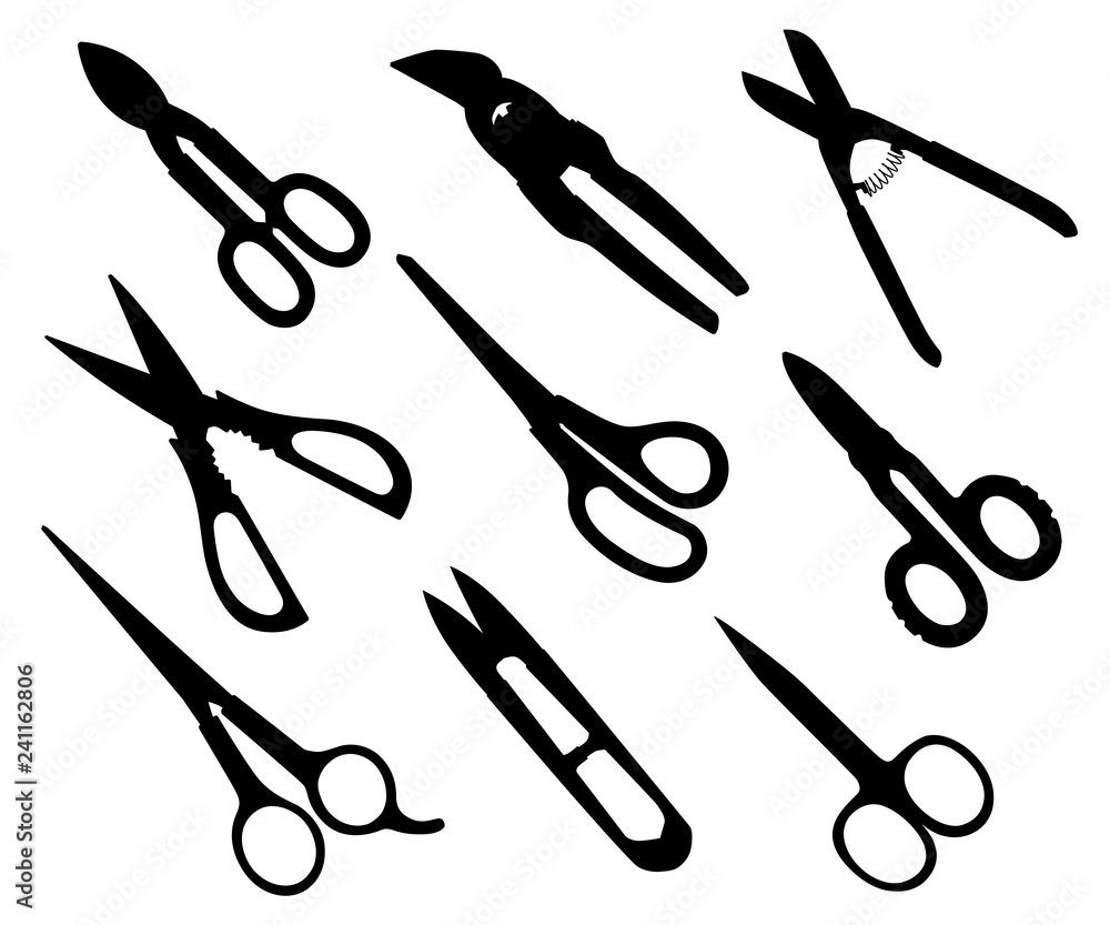 Black silhouette. Collection of different scissors models. Hand cutter tools, equipment shears for hair stylist,gardening, medical. Flat vector illustration isolated on white background
