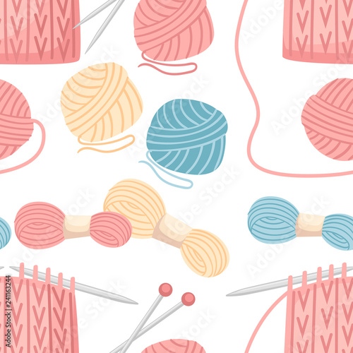 Seamless pattern. Set tools for sewing knitting needles. Balls of yarn, wool colorful illustration. Knitting process. Flat vector illustration on white background