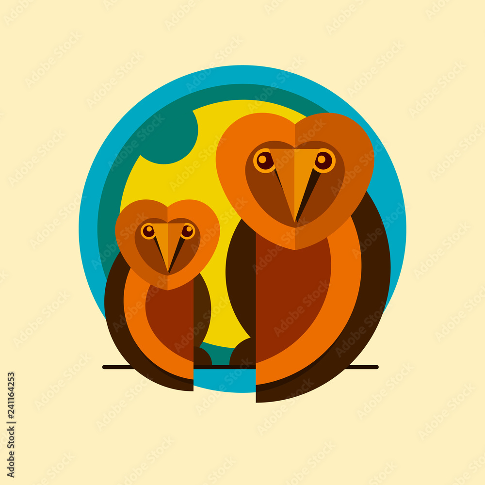 Fototapeta premium Two owls logo sitting on a branch of the flat icon . Vector