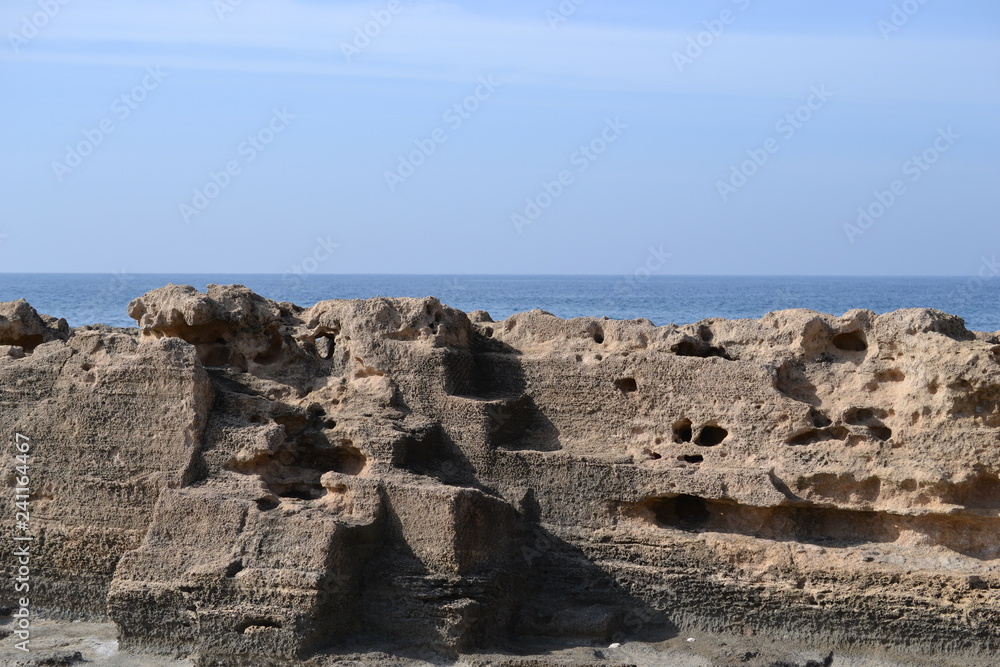 White rocks and grottoes at coast of Rosh Hanikra, North of Israel, Mediterranean Sea