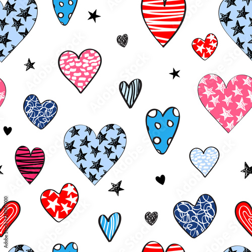 Seamless vector repeat background with patterned hearts and sketched stars. Y2K Americana denim jeans novelty print. Red, blue, white pink hearts with decorations. Hand drawn hearts all over on white.
