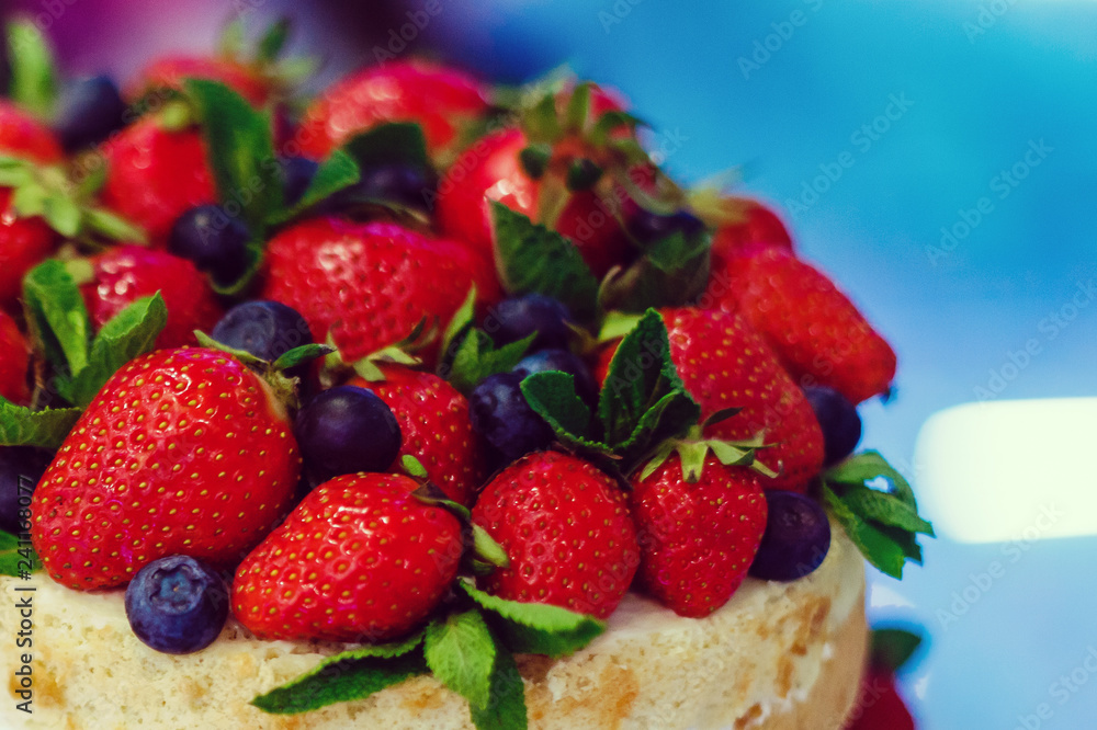 wedding cake with open biscuit shortcakes, cream and fruit. blueberries, strawberries, raspberries, red currants. wedding cake with open biscuit shortcakes, cream and fruit. blueberries, strawberries, raspberries, red currants.
