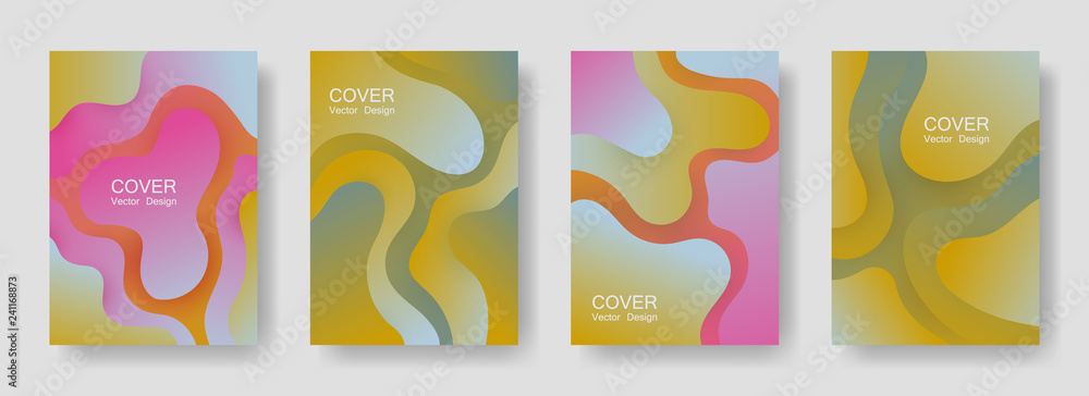 Gradient liquid shapes abstract covers vector collection. Modern magazine backgrounds design. Flux paper cut effect blob elements backdrop, fluid wavy shapes texture print. Cover pages.