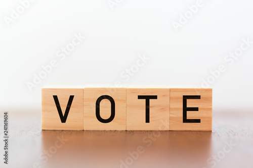 Wooden cubes with vote written against white background