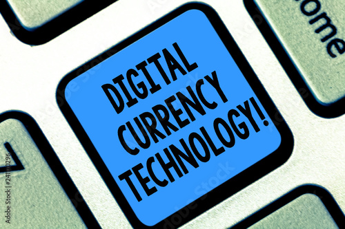 Text sign showing Digital Currency Technology. Conceptual photo currency available in digital or electronic form Keyboard key Intention to create computer message pressing keypad idea