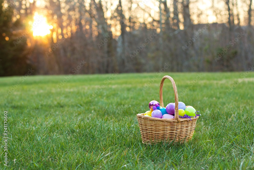 Easter Basket full of eggs in a Field Easter Basket full of eggs in a Field