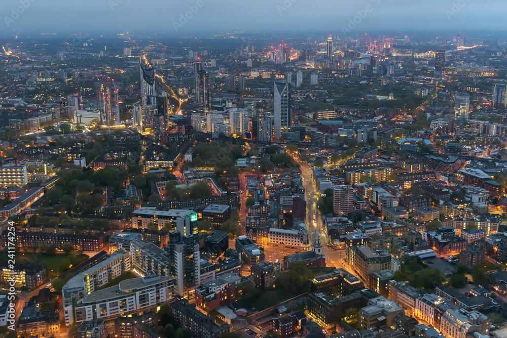 Aerial view of Southwark district in London at dusk