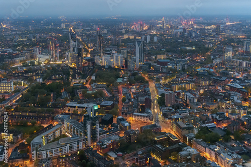 Aerial view of Southwark district in London at dusk