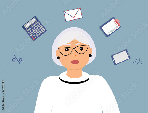 Very busy gorgeous elderly woman accountant with many different thoughts about work. There is a calculator, interest, envelope, mobile phone and to do list. Vector illustration