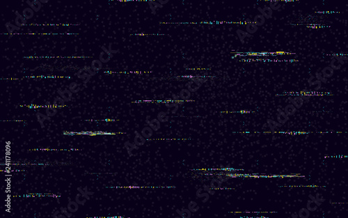 Glitch background with color distortion lines. Television noise effect on black backdrop. Retro VHS concept with glitched shapes. No signal template. Computer screen error. Vector illustration