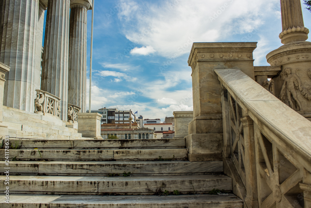 marble palace exterior with stones on foreground antique architecture object with Athens Greece capital city buildings on background