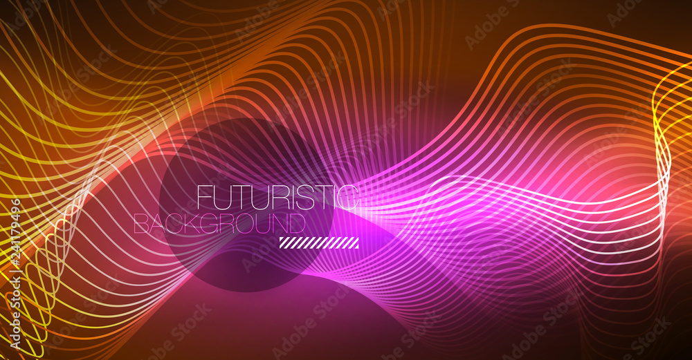 Abstract shiny glowinng color wave design element on dark background - science or technology concept Abstract shiny glowinng color wave design element on dark background - science or technology concept