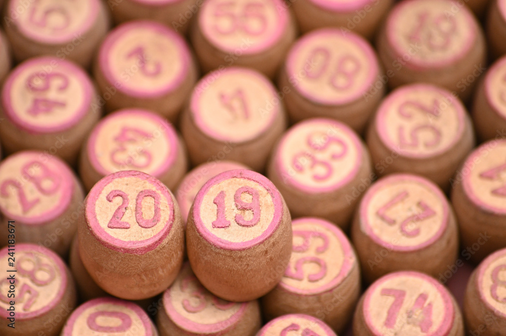 Barrels with numbers for playing lotto.New Year 2019.Merry Christmas Barrels with numbers for playing lotto.New Year 2019.Merry Christmas