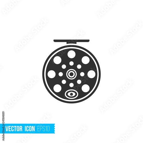 Fishing reel icon in silhouette flat style isolated on white background.