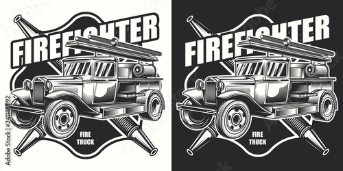 Original vector print. Fire truck emblem on dark and white background.