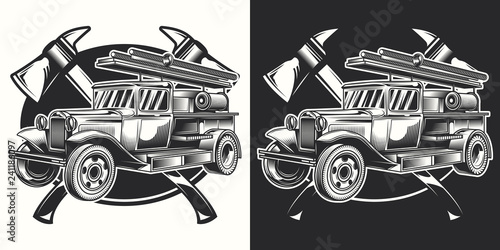 Original vector print. Fire truck emblem on dark and white background.