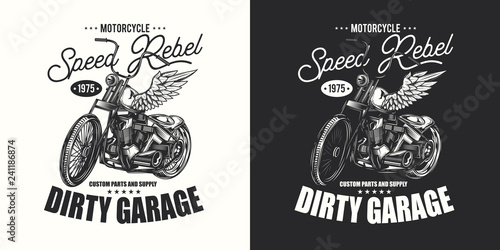 T-shirt or poster design with an illustration of an old motorcycle. Design with text composition on light and dark background.