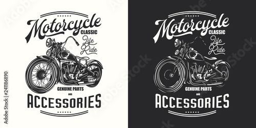 T-shirt or poster design with an illustration of an old motorcycle. Design with text composition on light and dark background.