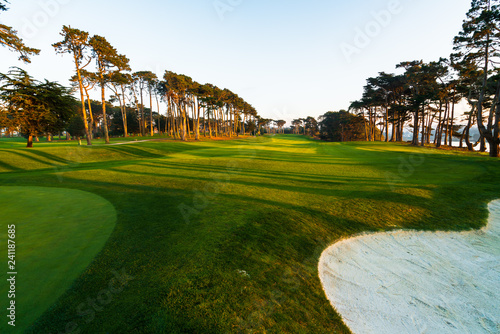 Golf course illuminated by the setting sun