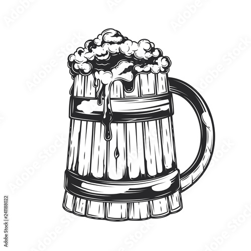 Wooden beer mug in vintage style on white background. Vector illustration. Detailed illustration