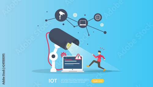 CCTV security camera monitoring. thief shocked detected. IOT internet of things smart house concept for industrial 4.0. web landing page template, banner, social, print media. Vector illustration