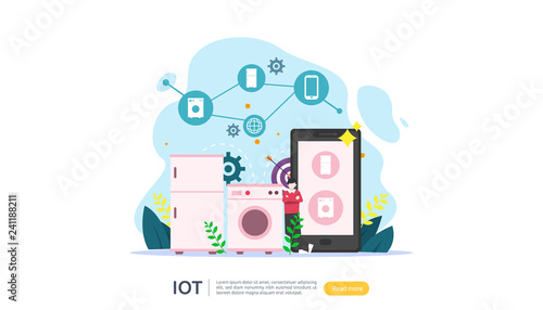 IOT smart house monitoring concept for industrial 4.0. remote appliances technology on smartphone screen app of internet of things. web landing page template, banner, print media. Vector illustration