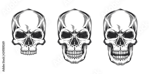 Vintage monochrome prints with skulls. Isolated vector illustration, on white background.