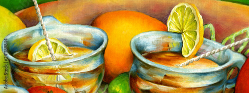 Two cups of tea with lemon slices.Oil painting on canvas