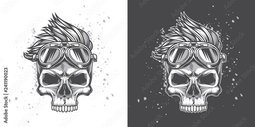 Monochrome vector illustration. Hipster skull with motorcycle glasses and fashionable hairstyle. Vector illustration on dark and white background.