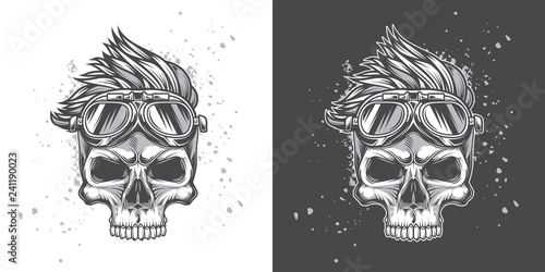 Monochrome vector illustration. Hipster skull with motorcycle glasses and fashionable hairstyle. Vector illustration on dark and white background.