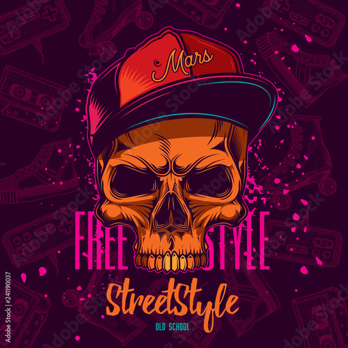 Original vector illustration. Youth skull in a cap in neon style. Sticker or t-shirt design.