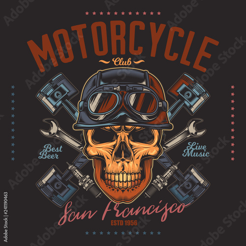 Color, vintage vector illustration. Skull in a helmet on the background of wrenches and pistons. Design of t-shirt, poster, emblem