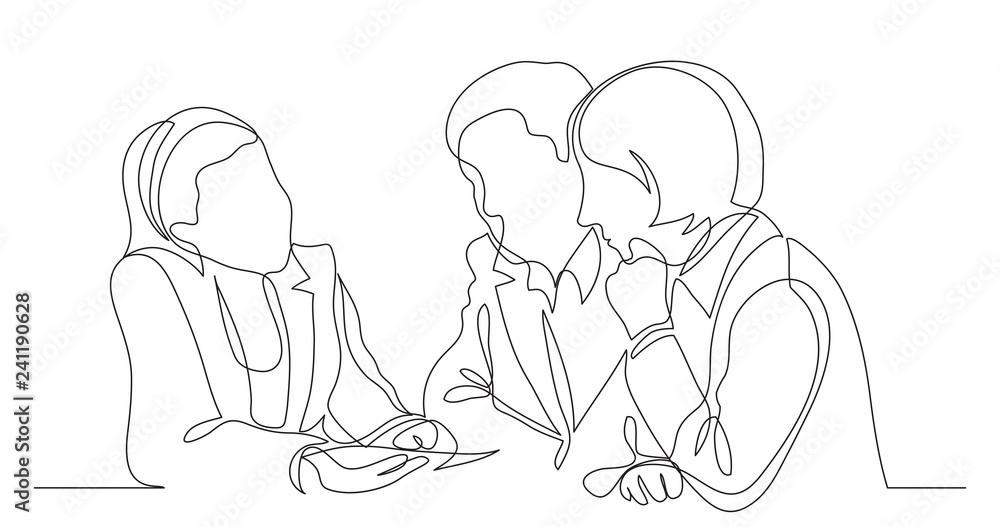 mortgage officer discussing details of home loan with man and woman - one line drawing