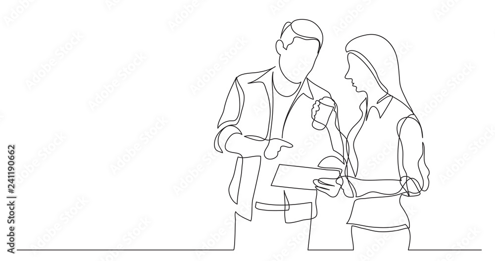 two coworkers talking together about work - one line drawing