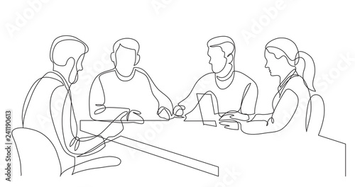 modern business team brainstorming during meeting - one line drawing