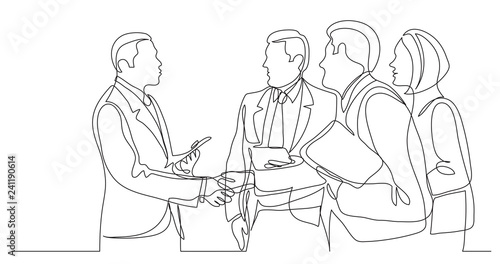 modern business people shaking hands after succesful conversation - one line drawing