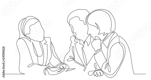 mortgage officer discussing details of home loan with man and woman - one line drawing