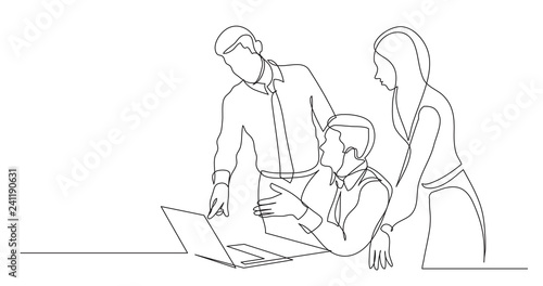 modern team members discussing work project on laptop computer - one line drawing