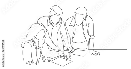 three coworkers discussing project on paper - one line drawing