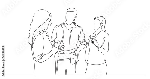 three coworkers chatting drinking coffee - one line drawing