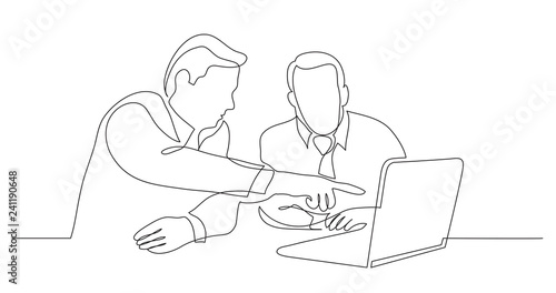 two business partners discussing presentation on laptop screen - one line drawing
