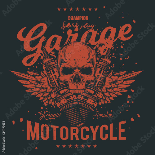 Vintage Moto logo, the skull in the background of the wings and the spark plugs. T-shirt design.