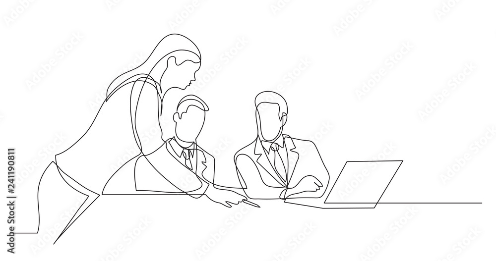 business colleagues discussing papers during working process - one line drawing business colleagues discussing papers during working process - one line drawing
