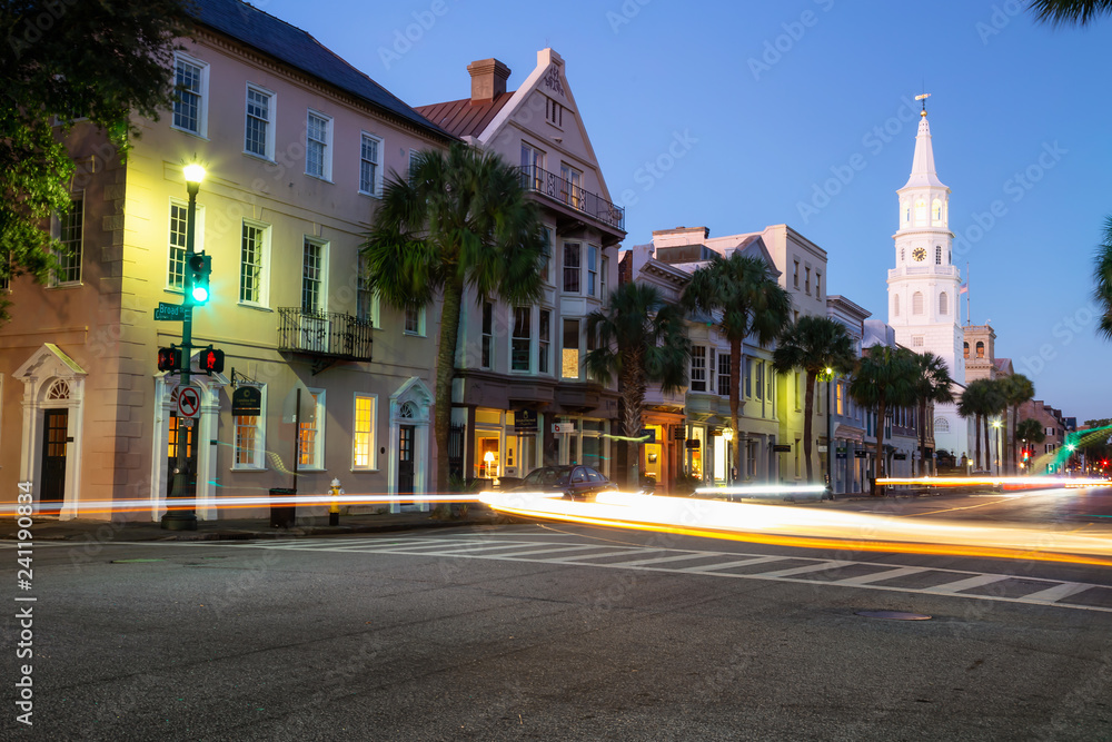 Charleston, South Carolina, United States - October 30, 2018: Beautiful view of Downtown streets during a vibrant sunrise.