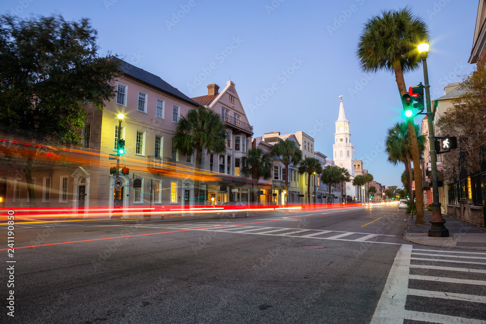 Beautiful view on the uban streets in Downtown Charleston, South Carolina, United States. Taken during a vibrant sunrise.