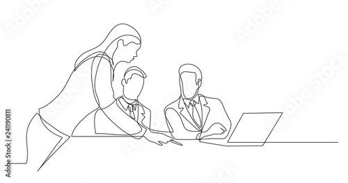 business colleagues discussing papers during working process - one line drawing