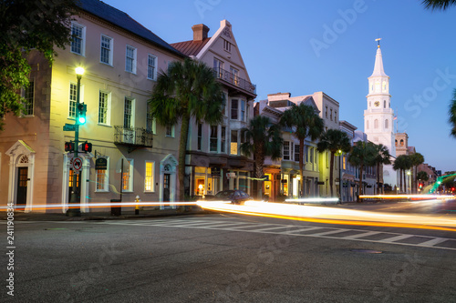 Charleston, South Carolina, United States - October 30, 2018: Beautiful view of Downtown streets during a vibrant sunrise.