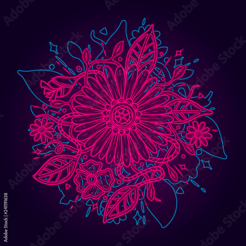 Floral neon pattern. Flowers in neon. Vector illustration.