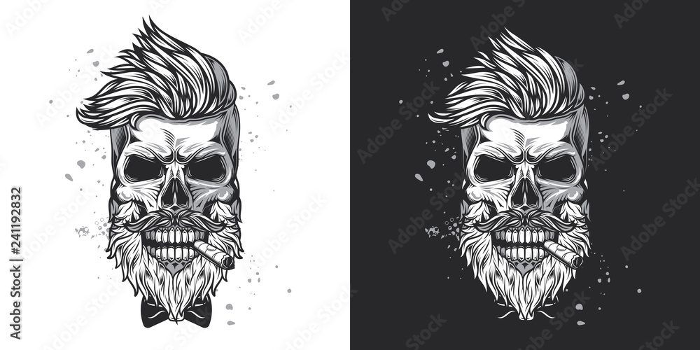 Skull hipster with a beard and a mustache with a cigar in his mouth. Monochrome vector illustration on white and dark background. Skull hipster with a beard and a mustache with a cigar in his mouth. Monochrome vector illustration on white and dark background.